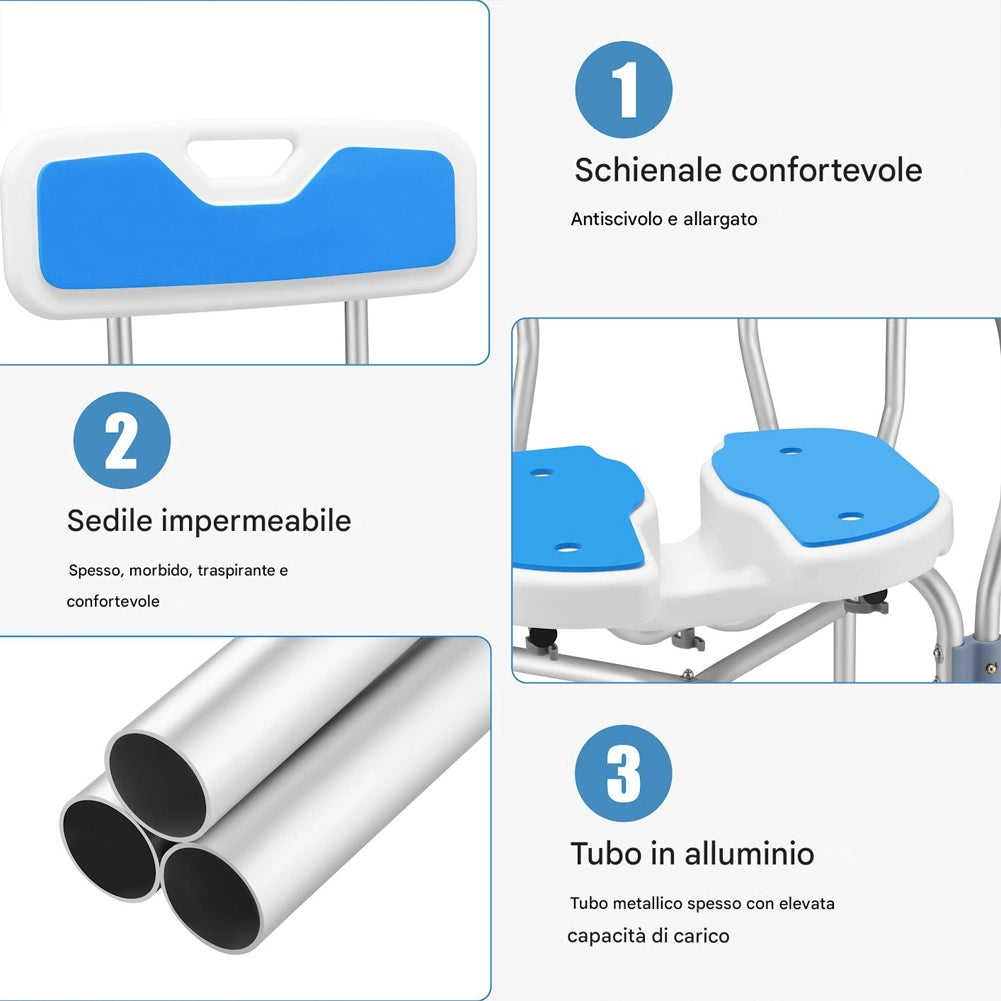 Sedia Sgabello da Doccia WC Altezza Regolabile 83-93 cm per Anziani in Alluminio Azzurro