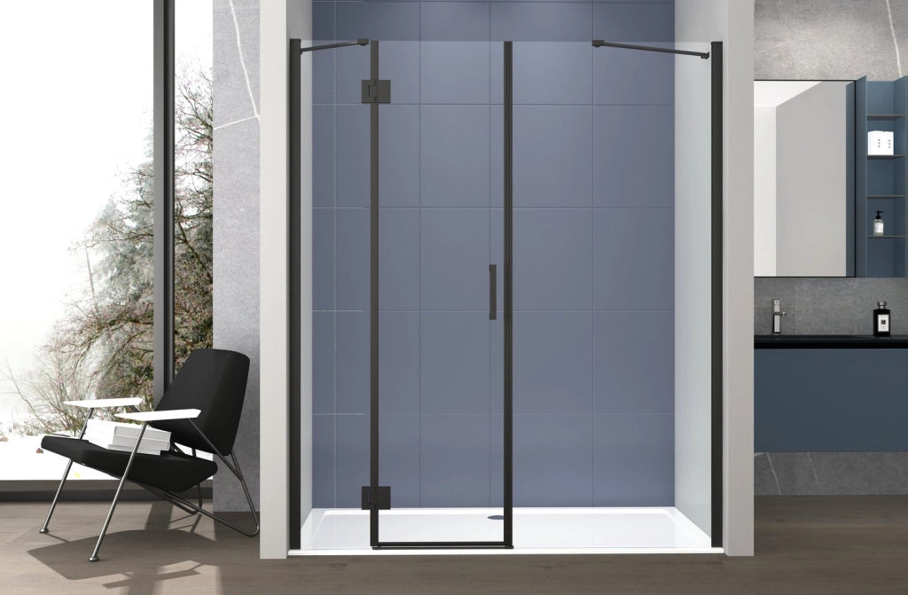 Box doccia 2 lati 70x70 cm fisso + porta un battente H200 cm cristallo 6mm profilo Nero Opaco PIPPO