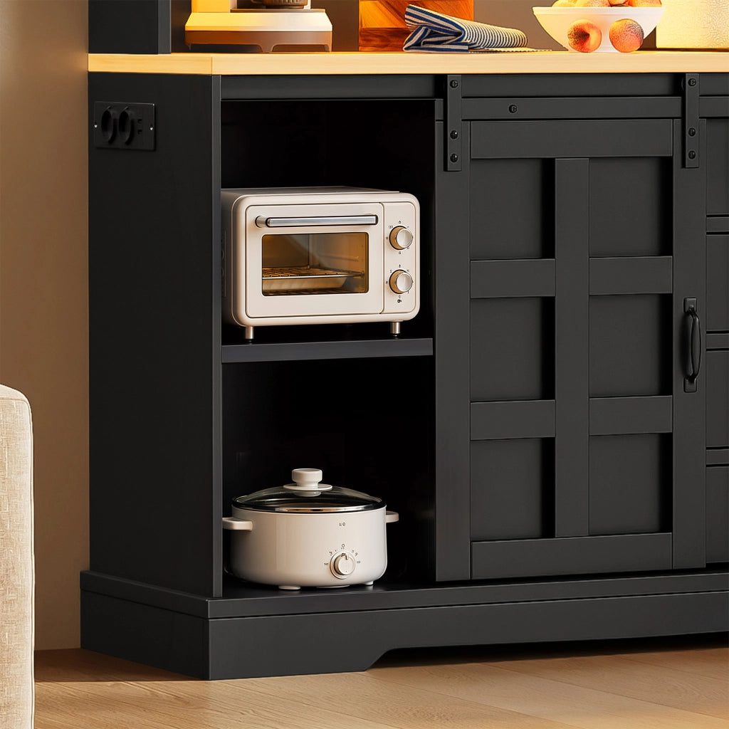 Credenza e madia con 2 ante scorrevoli, 4 cassetti e LED RGB, per cucina e sala da pranzo, nero, 120 × 40 × 150 cm