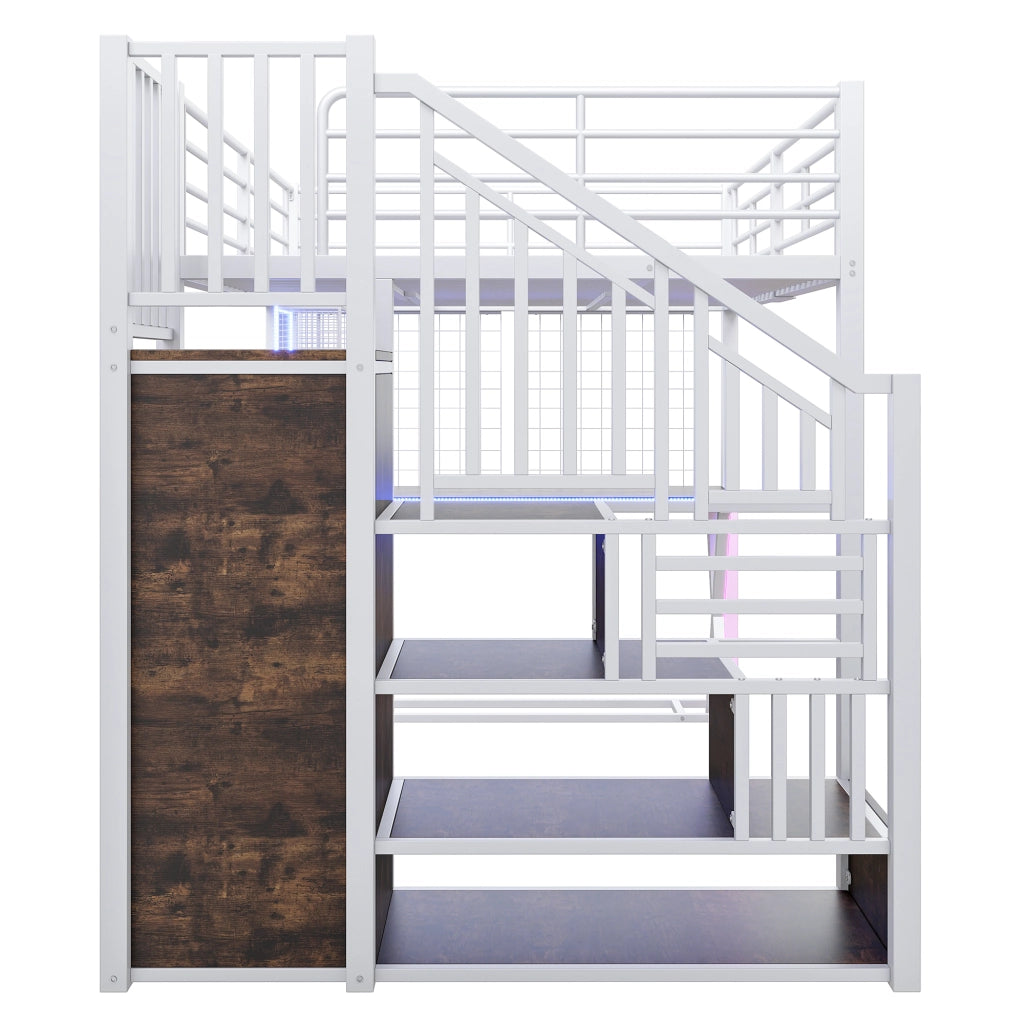 DESMIU Letto a soppalco 2 posti con LED, scrivania, armadio e scaffali 140 × 200 cm, senza materasso, bianco
