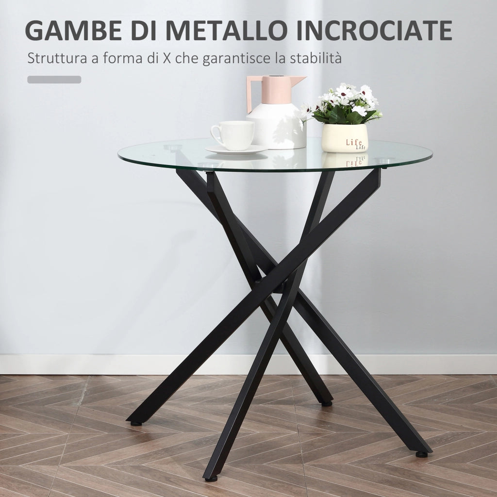 Tavolino Rotondo in Vetro con Gambe in Metallo ¨C Minimal ¨C Nero 80x80x75cm