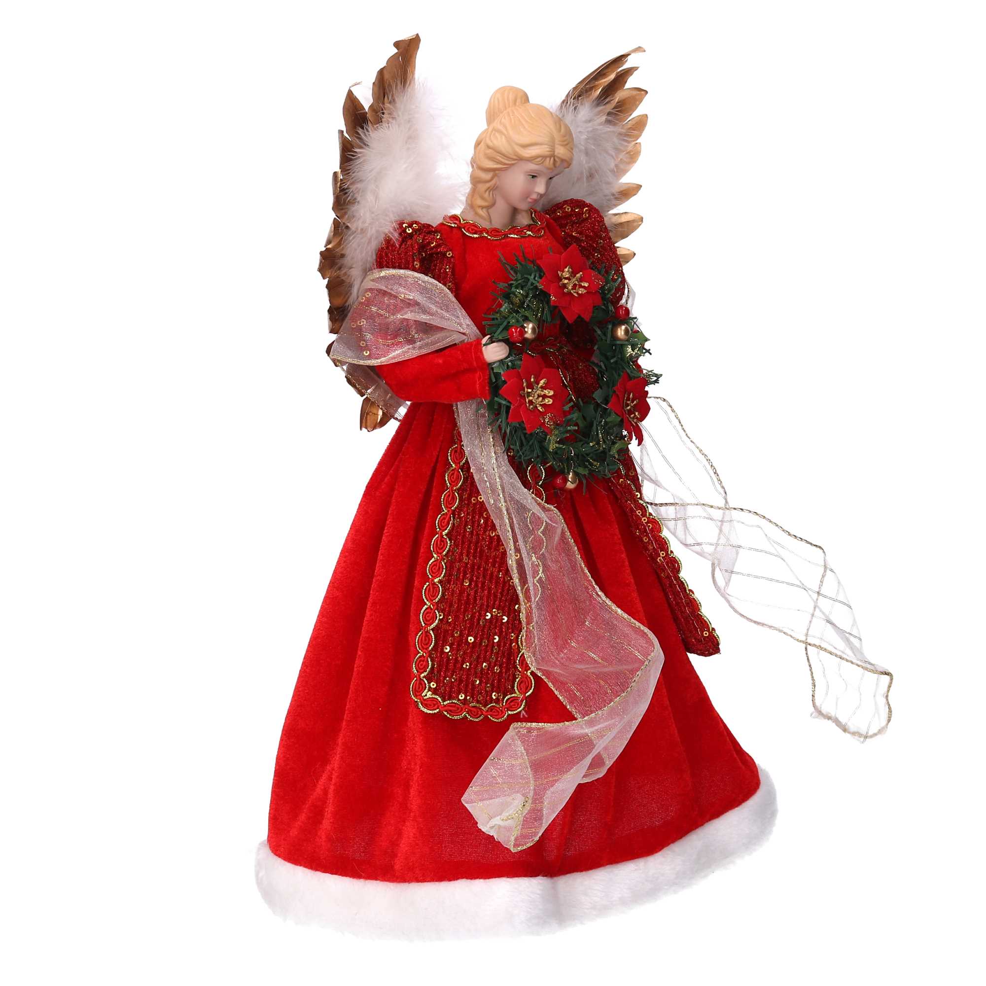 Puntale tessuto angelo con ghirlanda rosso cm Ø26xh40