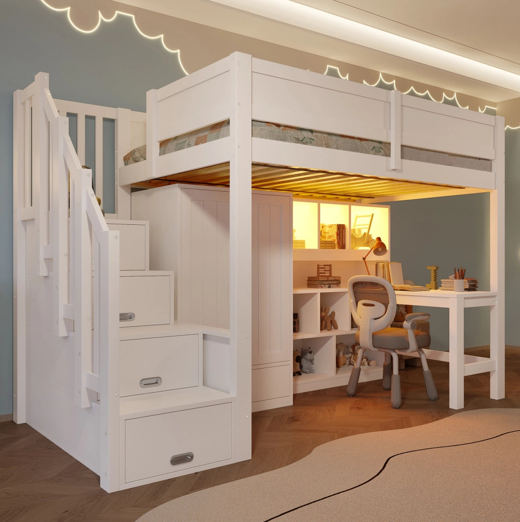 Letto a soppalco 90x200 cm con scrivania, armadio e LED
