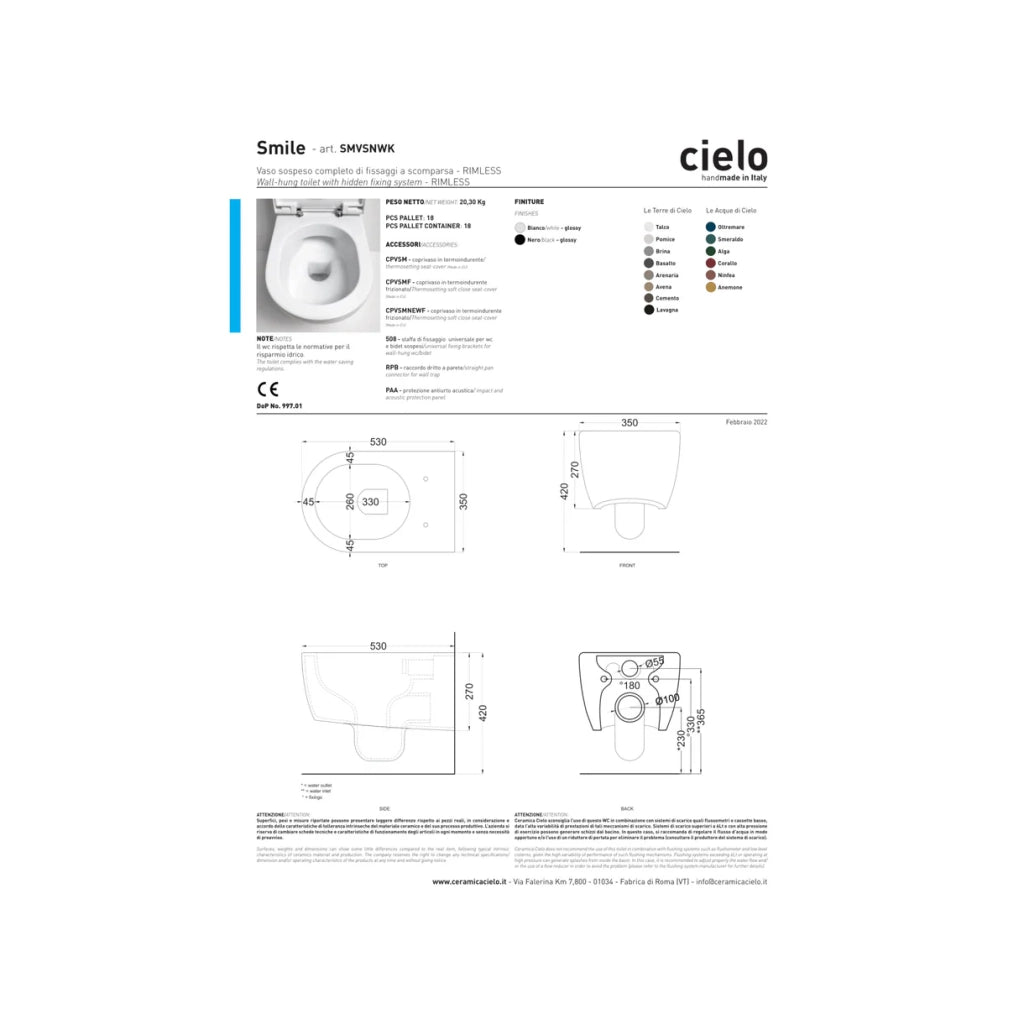 Wc Sospeso Senza Brida Ceramica Cielo "Smile 53" Bianco Lucido