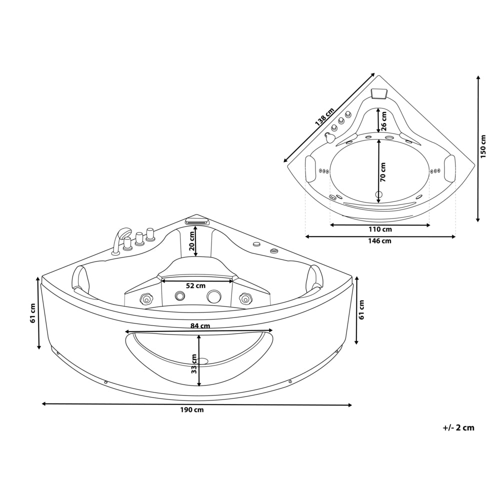 Vasca Idromassaggio Angolare Nero Sanitario Acrilico con Luci LED 10 Getti Massaggio 190 x 138 cm Stile Moderno