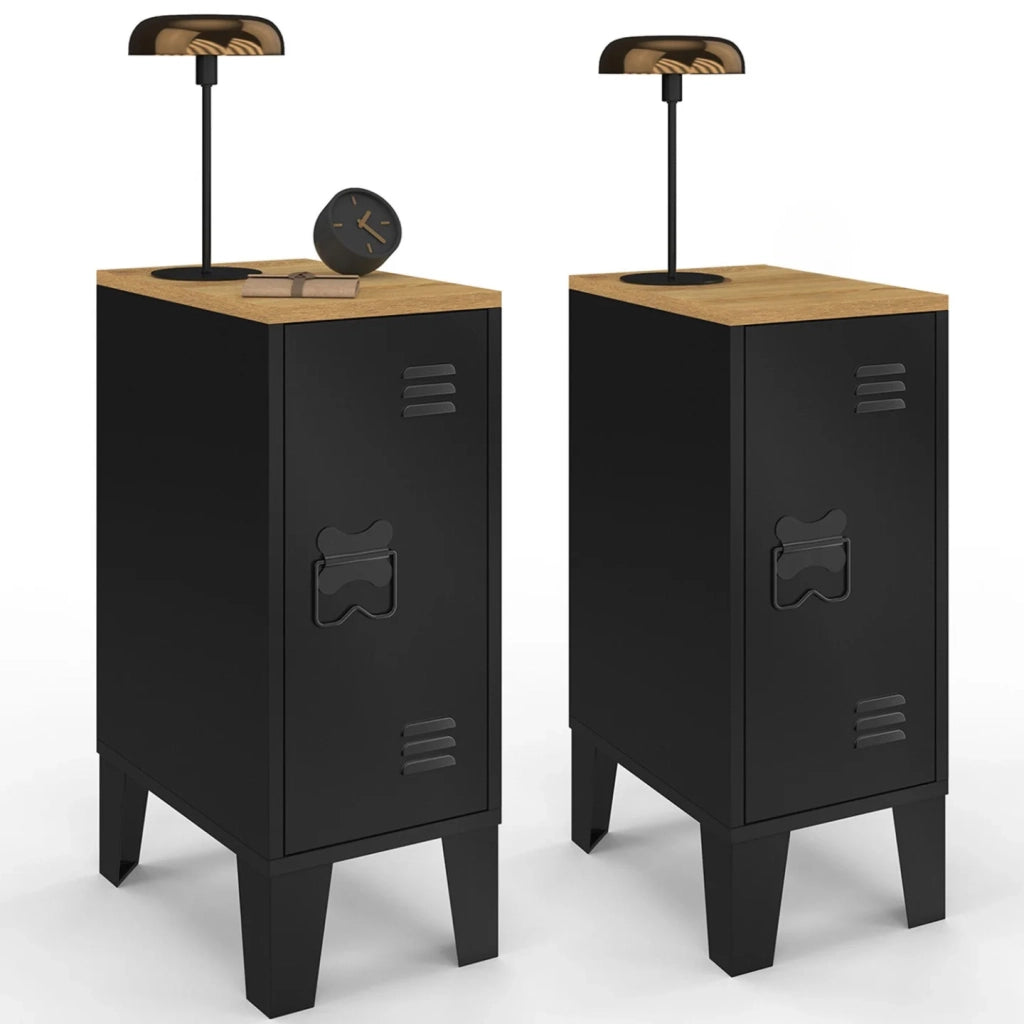 IDMarket - Set di 2 comodini stretti ESTER, 1 anta in metallo nero, piano in faggio, design industriale