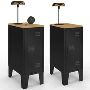 IDMarket - Set di 2 comodini stretti ESTER, 1 anta in metallo nero, piano in faggio, design industriale