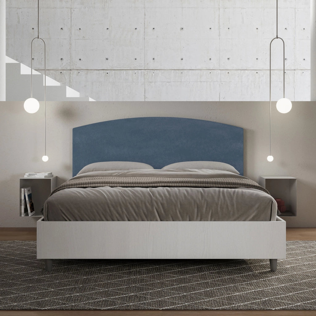 BS COM Letto matrimoniale contenitore 160x200 bianco frassino testata microfibra blu