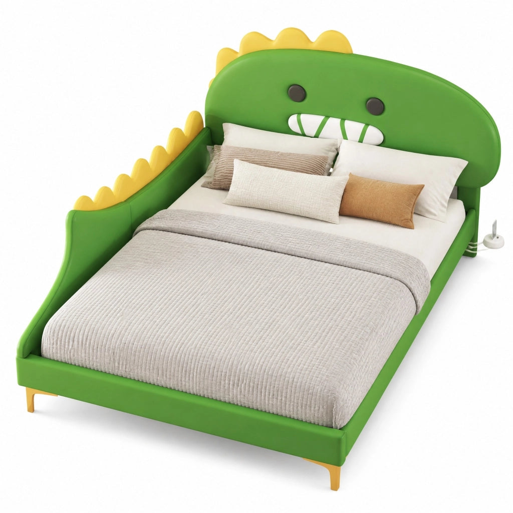 Letto per bambini 140x200 cm a forma di dinosauro, verde, in PU e MDF