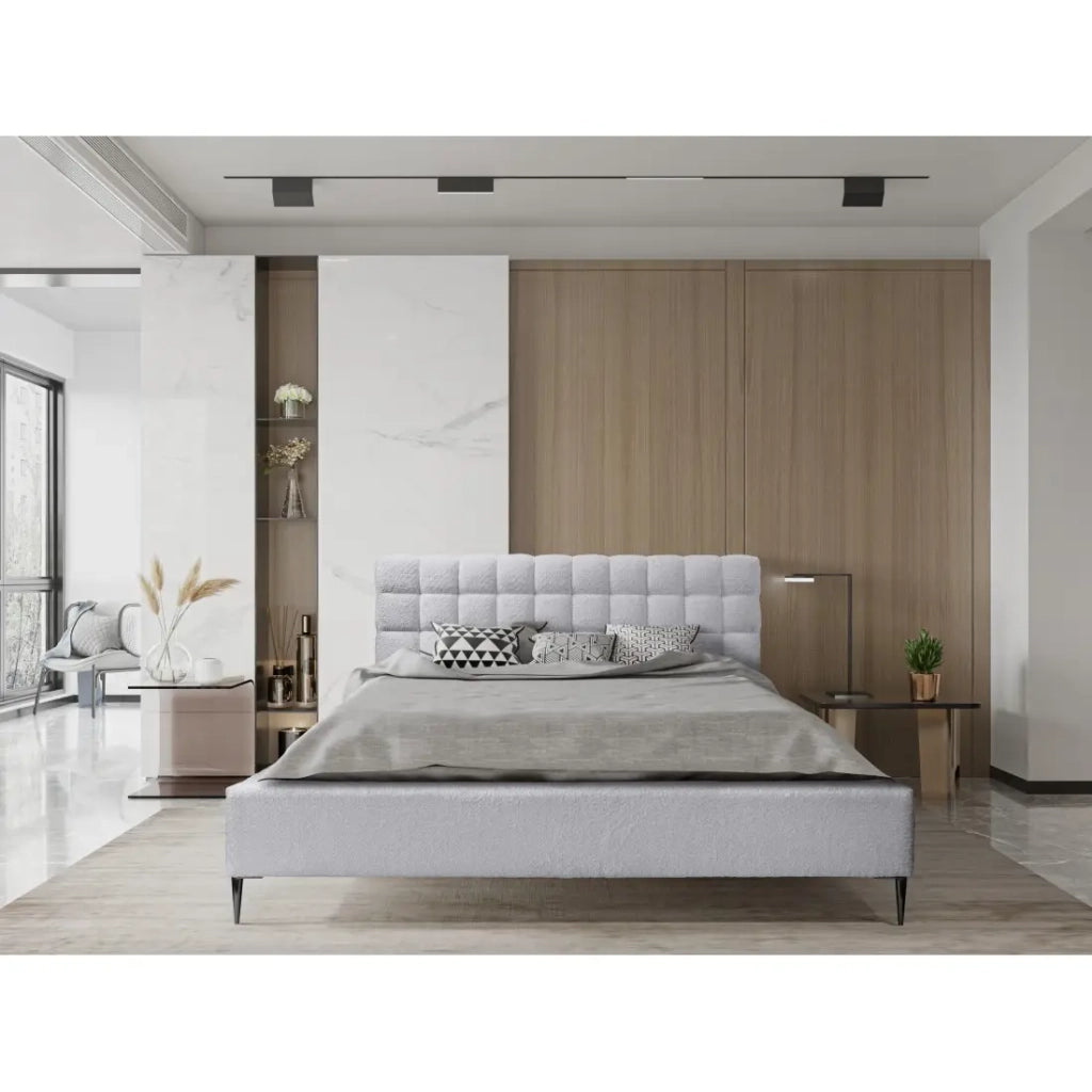 Letto MILLIO – Bianco – 140x200 cm – Tessuto chenille bouclé – Rete inclusa – Comfort hotel 5 stelle