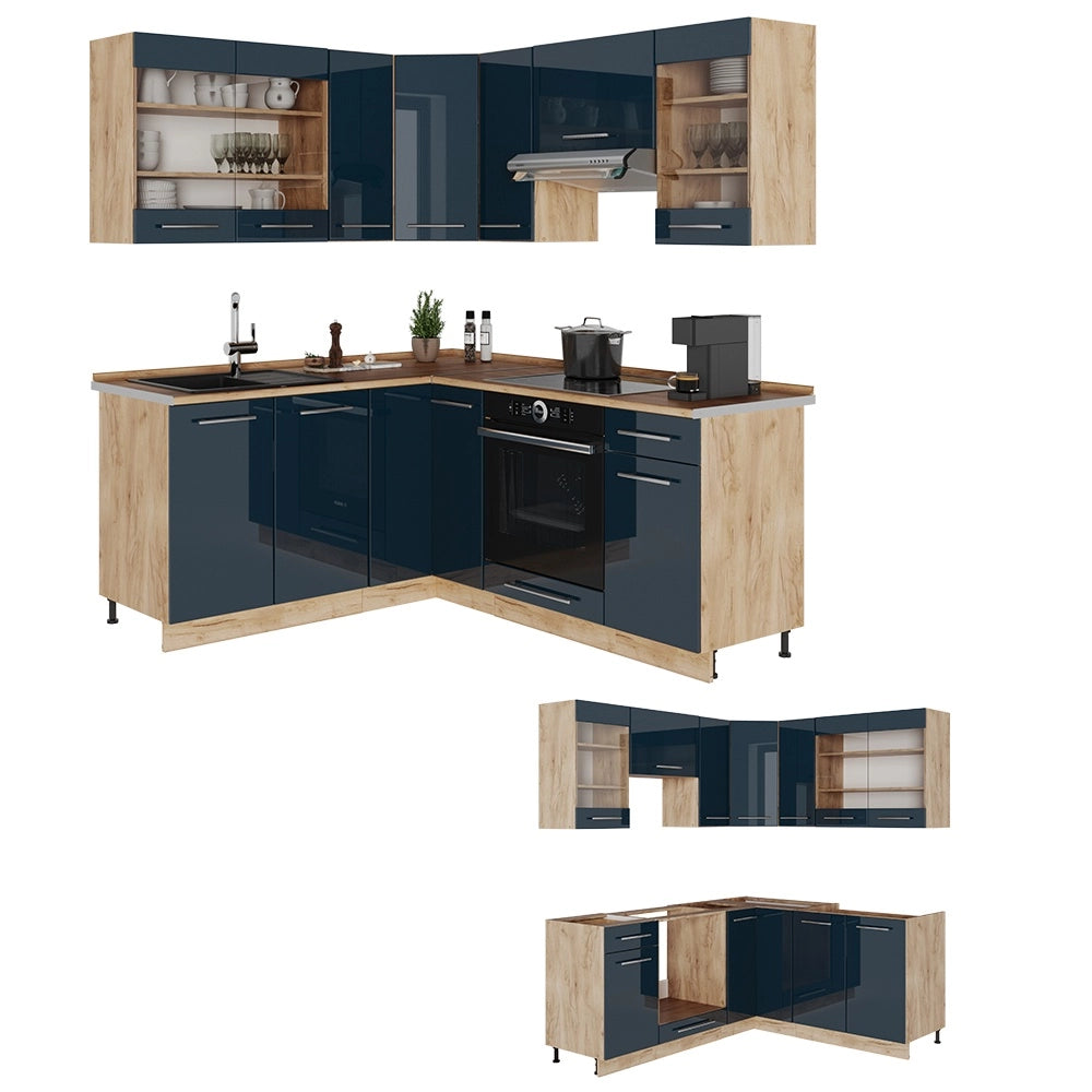 Mobili da cucina Fame-Line Blu scuro lucido/Rovere dorato 190 x 160 cm, PL Rovere Vicco