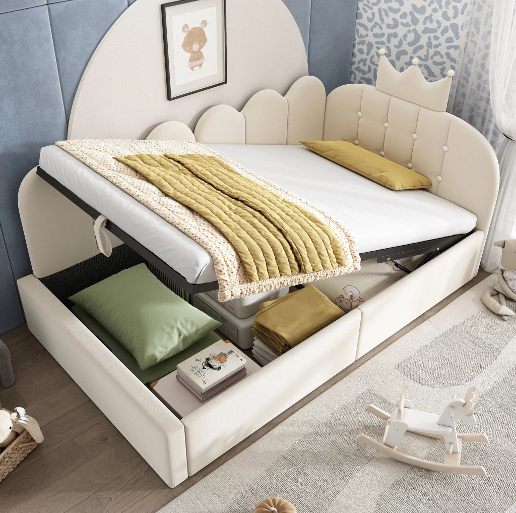 Letto da giorno 90x200 cm con contenitore idraulico in velluto beige