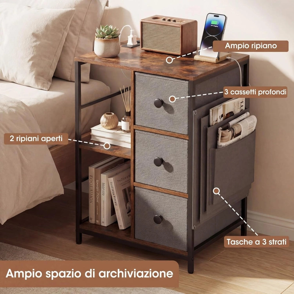 Armadio con Stazione di Ricarica, Organizer Industriale con 3 Ripiani, Cassetti in Tessuto e Tasche Laterali, per Camera da Letto e Soggiorno, 46x40x63 cm