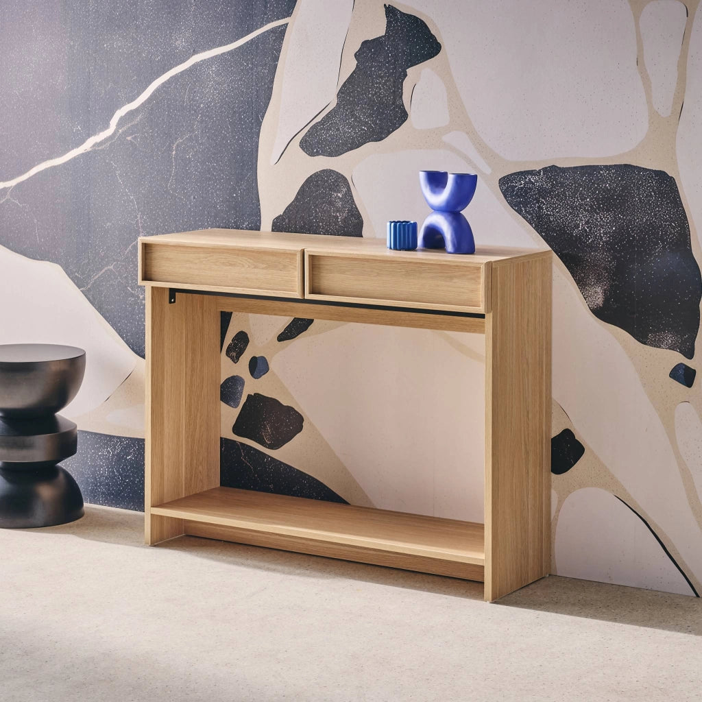 Console effet legno 2 cassetti e ripiano, 100cm, marrone naturale