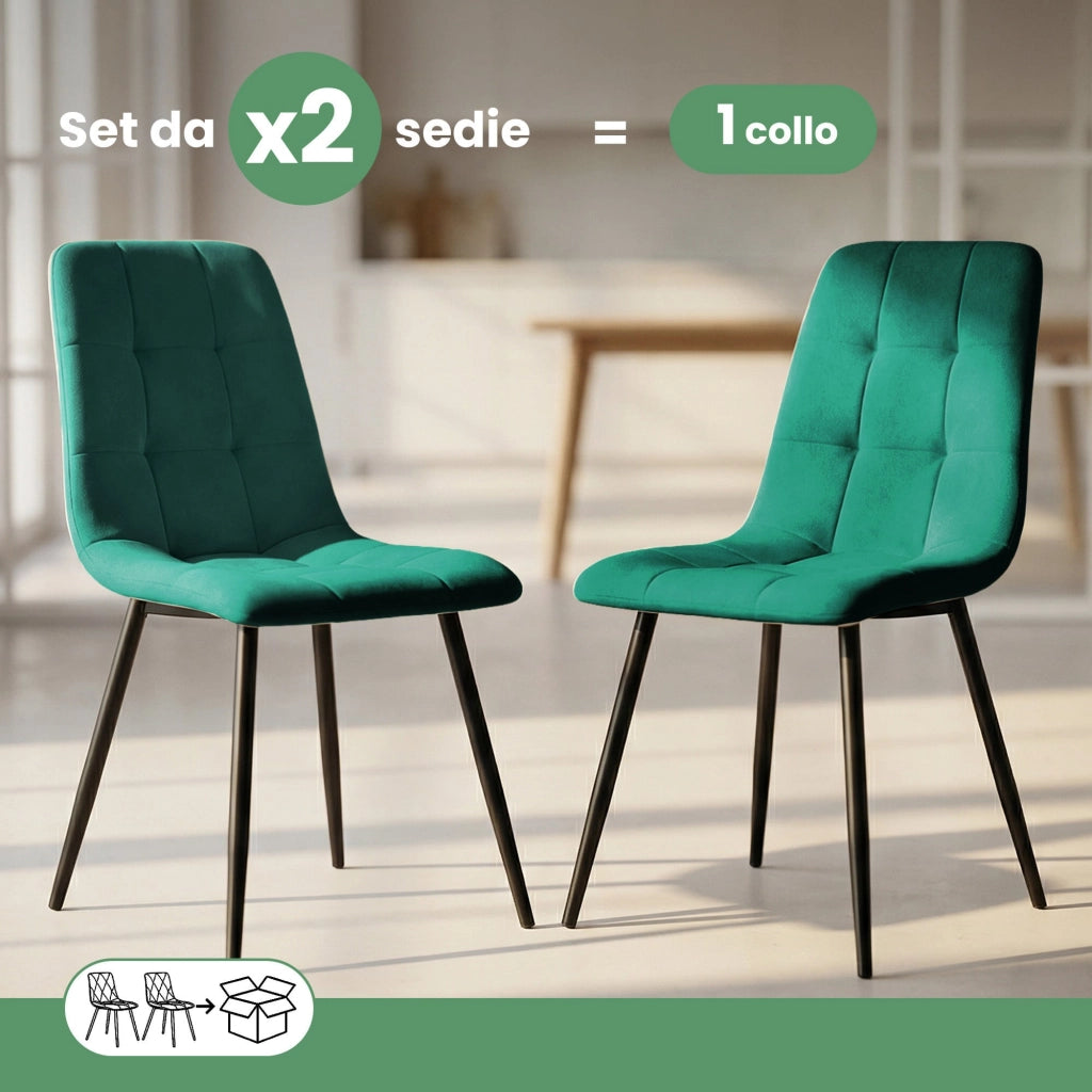 Set di 2 Sedie in velluto trapuntate NERO Verde Bottiglia gambe nere