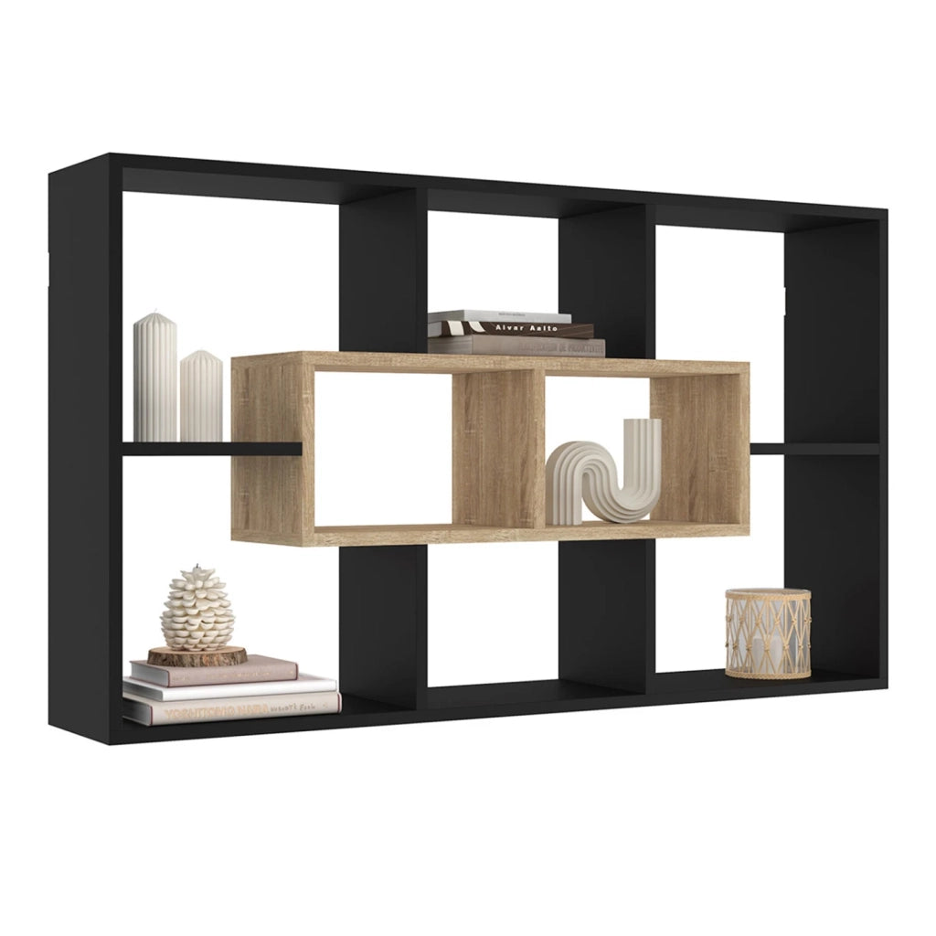 IDMarket - Estantería mural COLETTE con 8 compartimentos negros y efecto madera