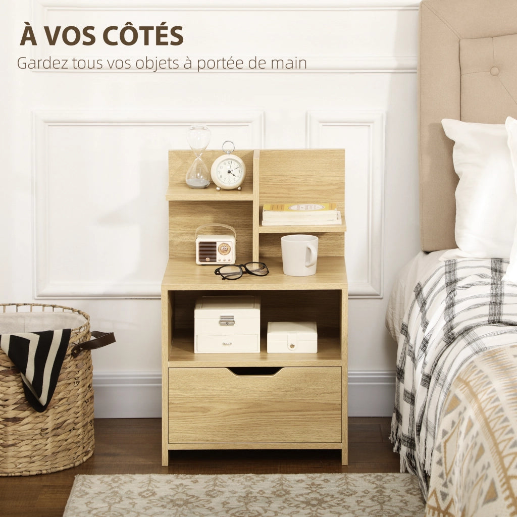 Comodino con cassetto, nicchia e ripiani effetto legno ¨C zephmum ¨C naturale 45x35x73 cm