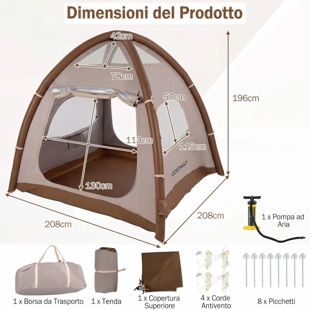 Tenda da Campeggio Gonfiabile per 4 Persone, Tenda da Spiaggia con Poma, 2 Porte, Lucernario e Finestre, in Tessuto Impermeabile, con Copertura Rimovibile e Borsa, 208 x 208 x 196 cm