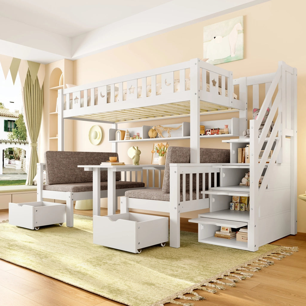 Letto a castello bianco in pino con funzione letto e scrivania 90x200 cm