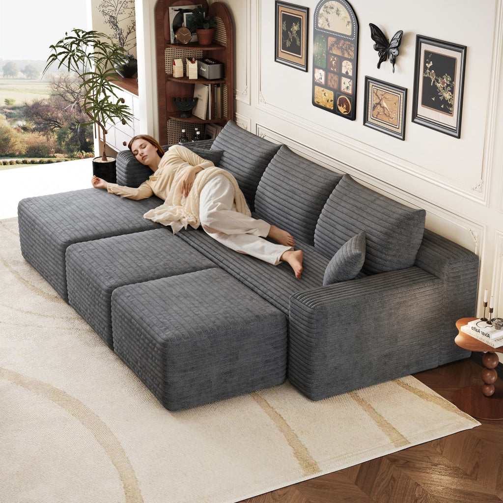 Divano angolare modulare senza montaggio dal design minimale in tessuto a coste morbido per soggiorno grigio scuro