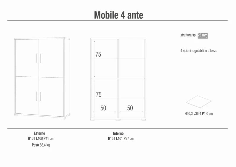 Armadio mobile 4 ante 108x41x161H cm in kit di montaggio colore Ossido bianco e Cemento