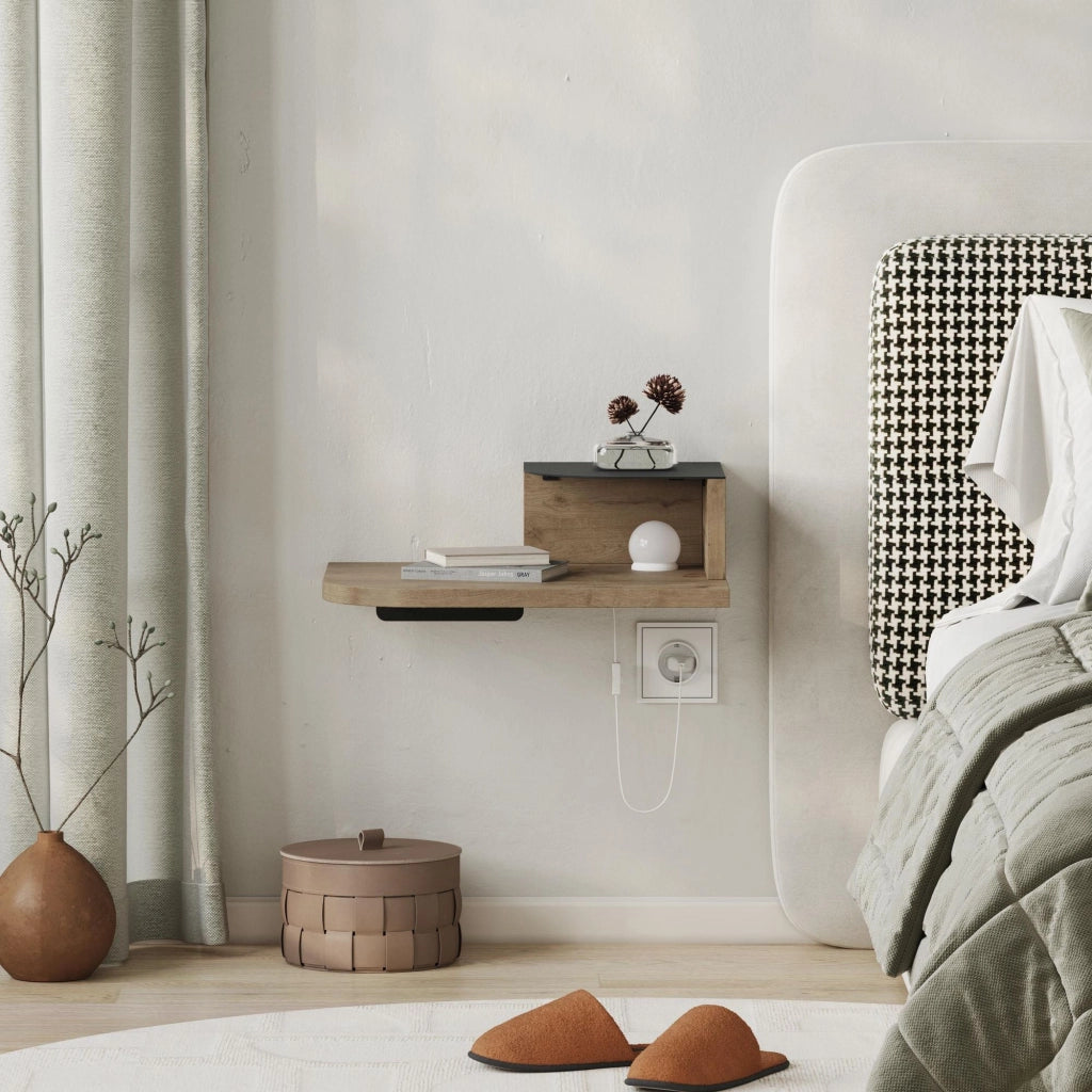 Comodino "Luno" con lampadina in legno - 40 x 30 x 16 cm - Marrone