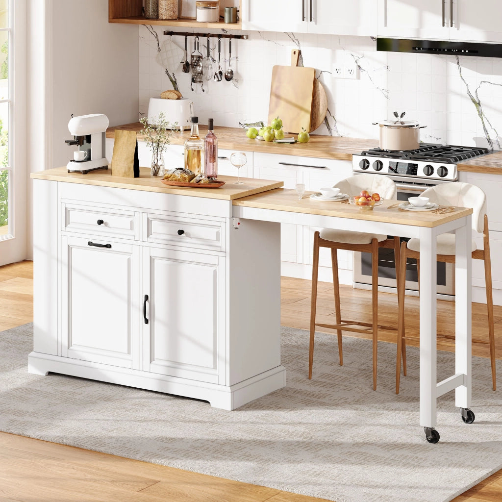 Mobile contenitore con 2 cassetti e piano estraibile per cucina; in MDF; 112-180x45x92 cm; bianco