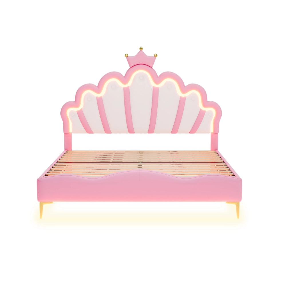 LETTO Principessa con corona 140x200 cm Rosa in PU con LED