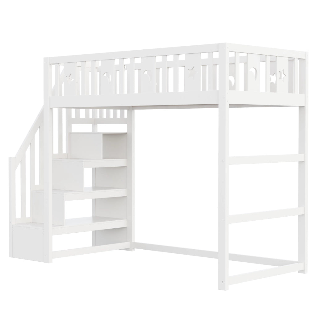 Letto a soppalco ULEVR per bambini 90x200 cm con scala e ripiani integrati, area divanetto, bianco