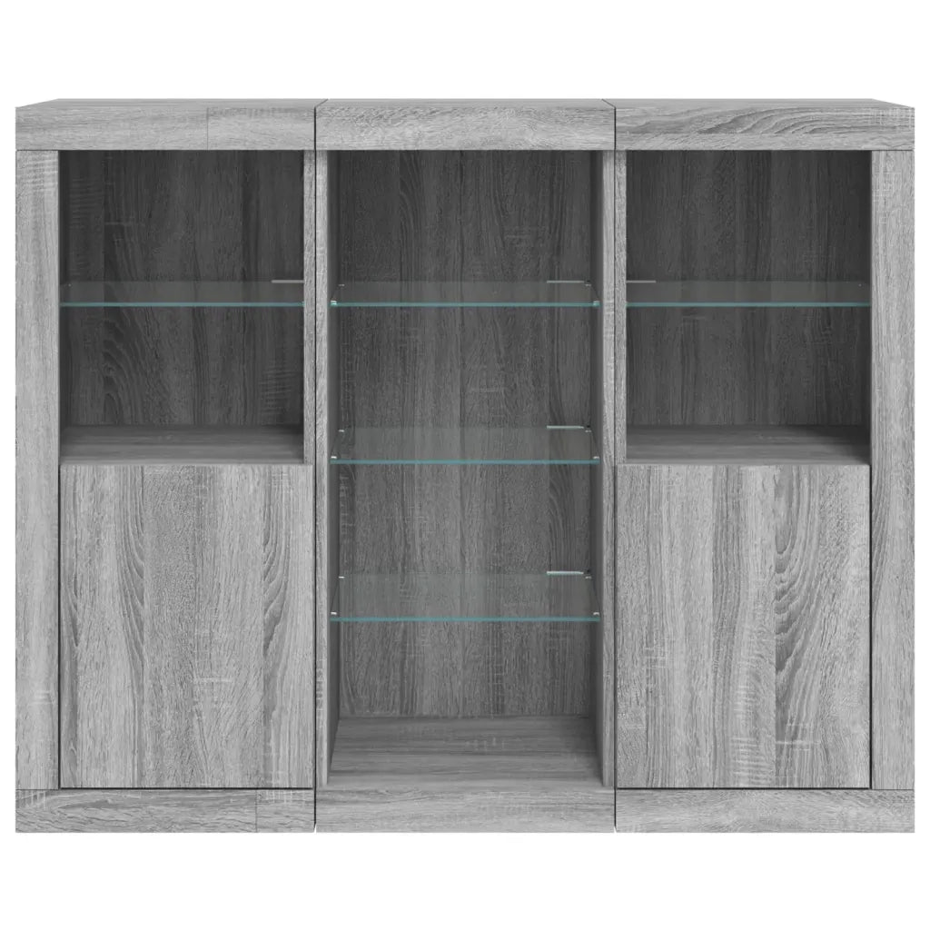 Credenze con Luci LED 3 pz Grigio Sonoma in Legno Multistrato