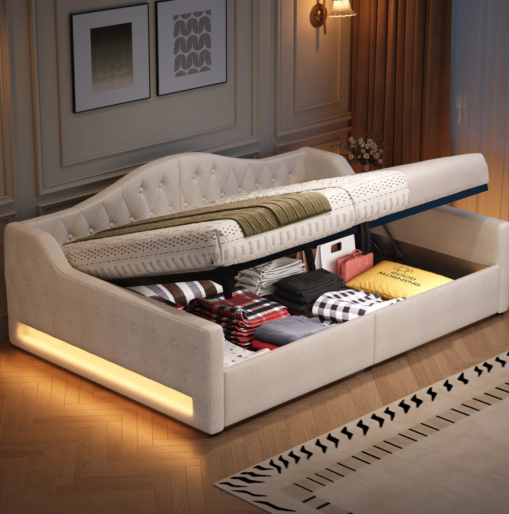 Letto da giorno imbottito 140x200 cm con LED e contenitore beige