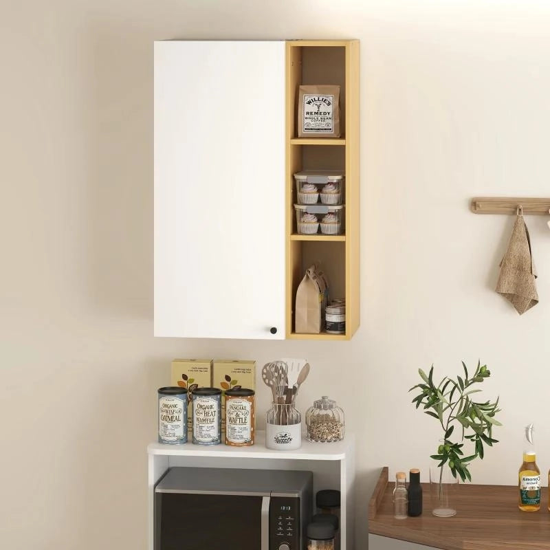 ARMADIETTO BAGNO A PARETE CON RIPIANI REGOLABILI E 3 MENSOLE APERTE, 59.5X30X90 CM, BIANCO E LEGNO