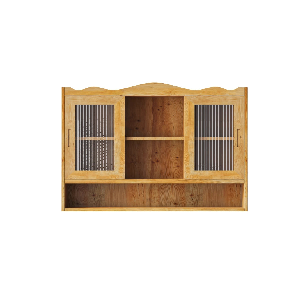 Armadietto pensile con 2 Ante Scorrevoli e 3 Ripiani Rimovibili per Bagno in Legno Massello e Vetro 90 × 20 × 60 cm Naturale