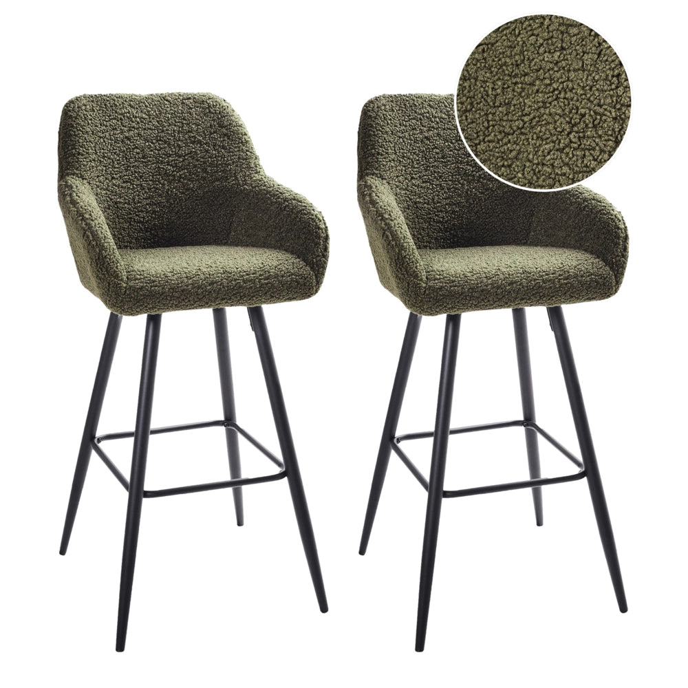 Set di 2 sgabelli da bar in tessuto bouclè verde scuro con seduta imbottita e gambe in metallo stile moderno soggiorno