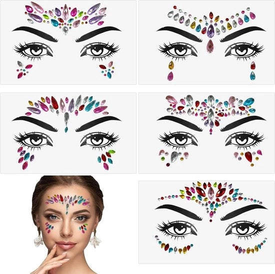 Rhinestelle per faccia con effetto adesivo - Gioielli per la faccia riciclabili per feste di carnevale - Adesivi per corpo temporanei (Lot di 5)