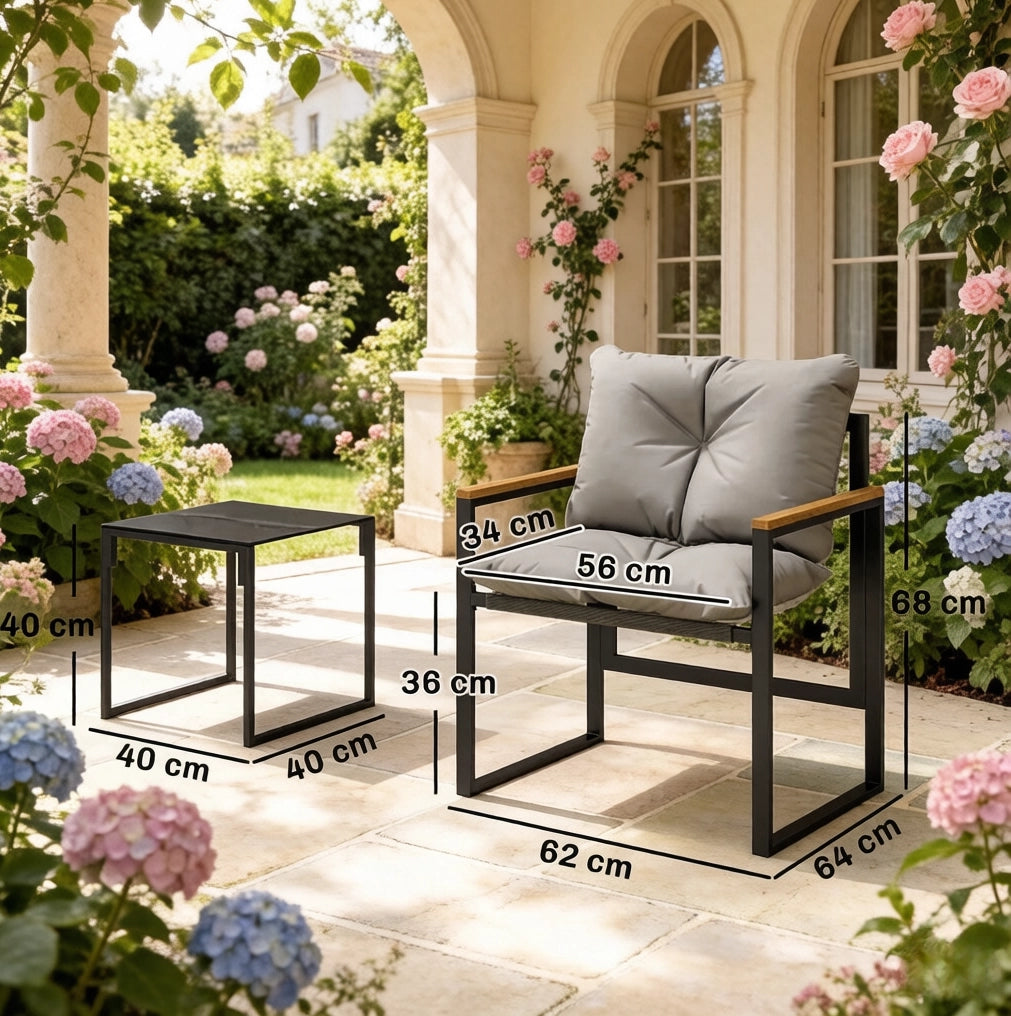 Salotto da giardino 3 pezzi 64x62x68 cm metallo nero e grigio per balcone e terrazza