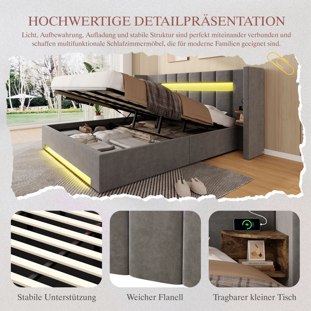 LETTO imbottito 180x200 cm in velluto grigio scuro con USB, LED e contenitore