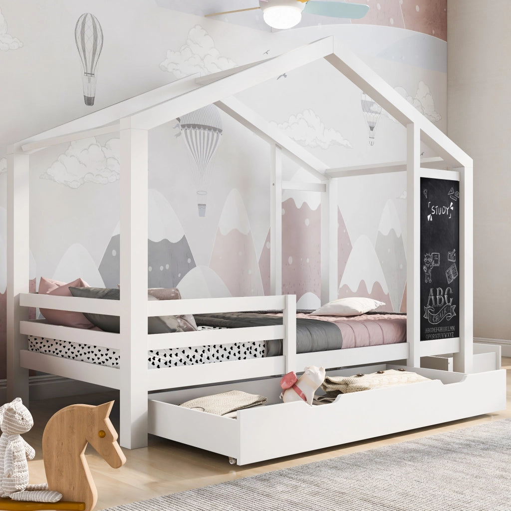 Letto a casa in legno massello bianco con lavagna e 2 cassetti 90x200 cm