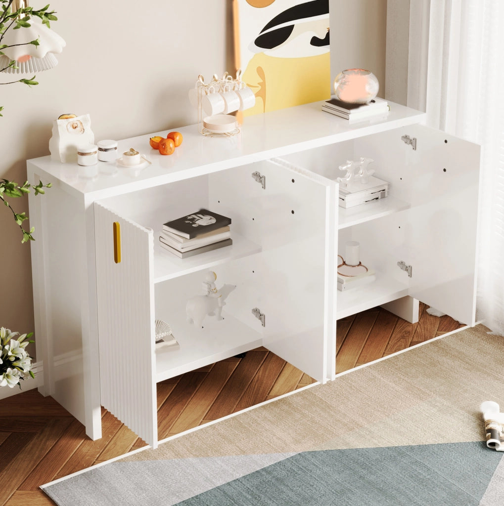 Sideboard bianco moderno con maniglie dorate e ripiani regolabili 140x80x38 cm