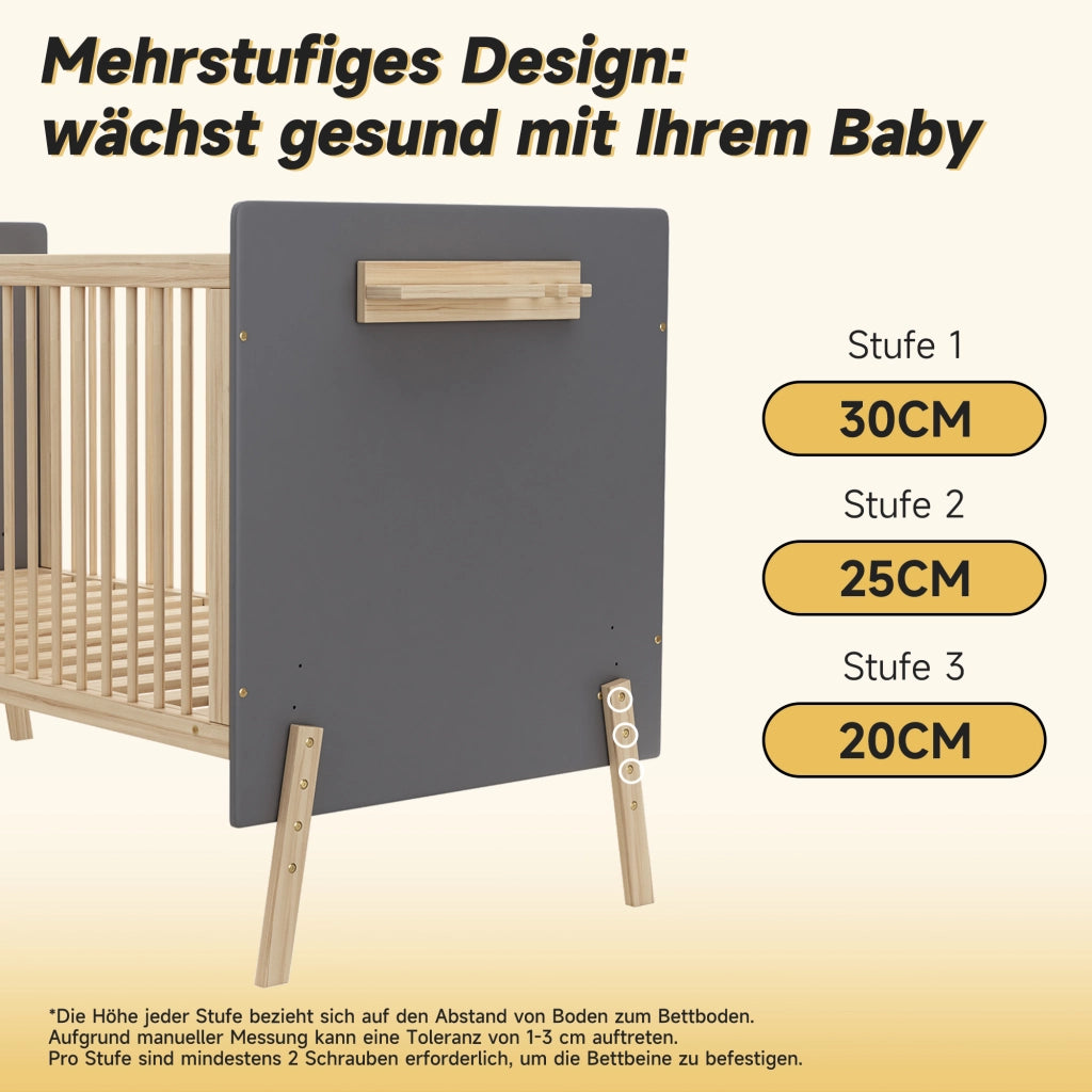 Letto per bambini 70 × 140 cm con altezza regolabile a 3 livelli, lettino laterale e divano letto, senza materasso, in legno massiccio, blu grigio