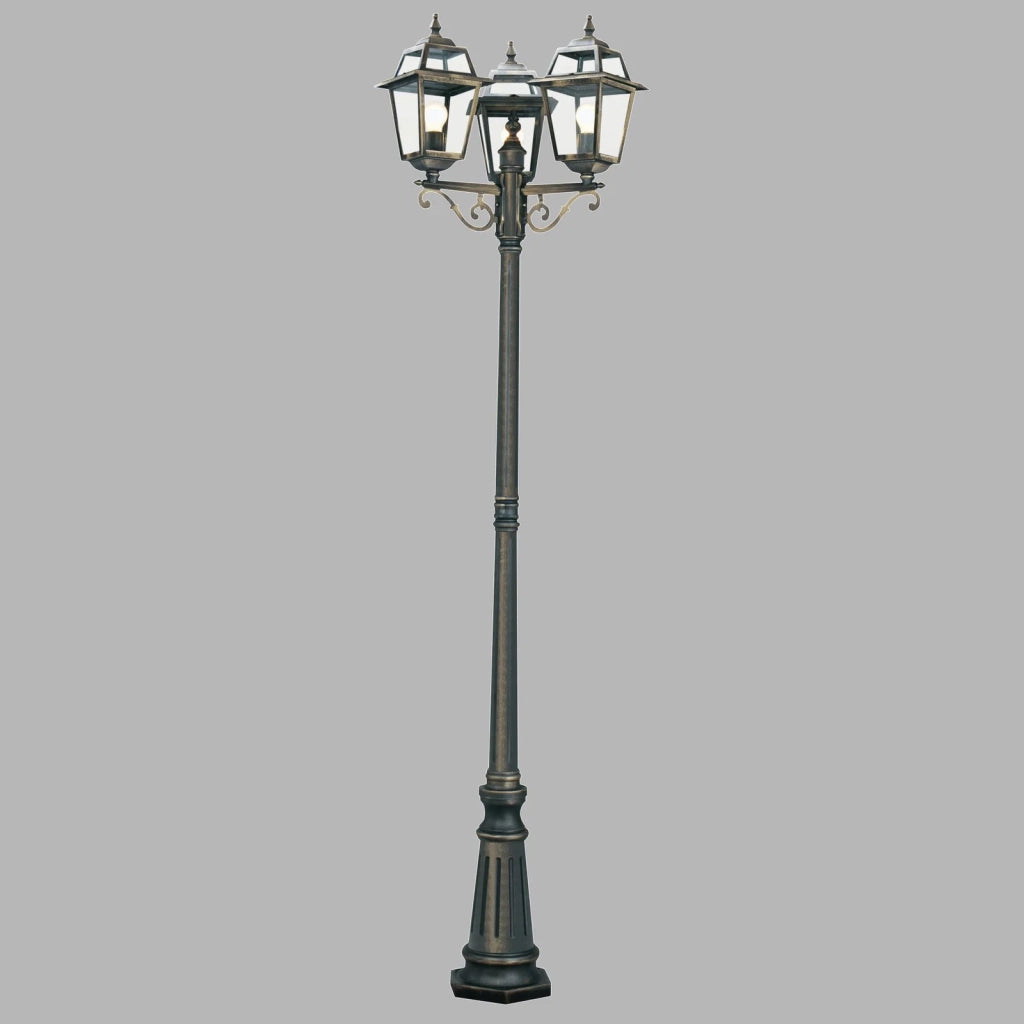 Lampione Da Esterno Vintage Nuova Orleans Alluminio Nero Vetro Oro 3 Luci E27
