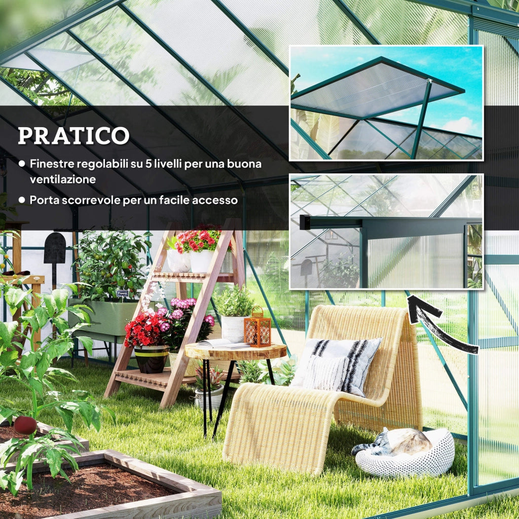 Serra da Giardino in Policarbonato e Alluminio Antivento ¨C Zephmum ¨C Verde 244x500x216cm