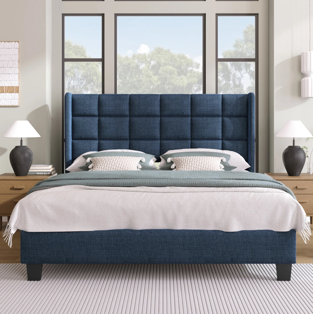 Letto matrimoniale imbottito 140x200 cm in lino blu con testiera alta e rete a doghe