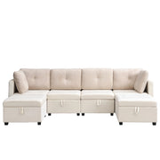 Divano modulare a U 6 posti con vano contenitore; velluto e corduroy a contrasto; in schiuma; beige