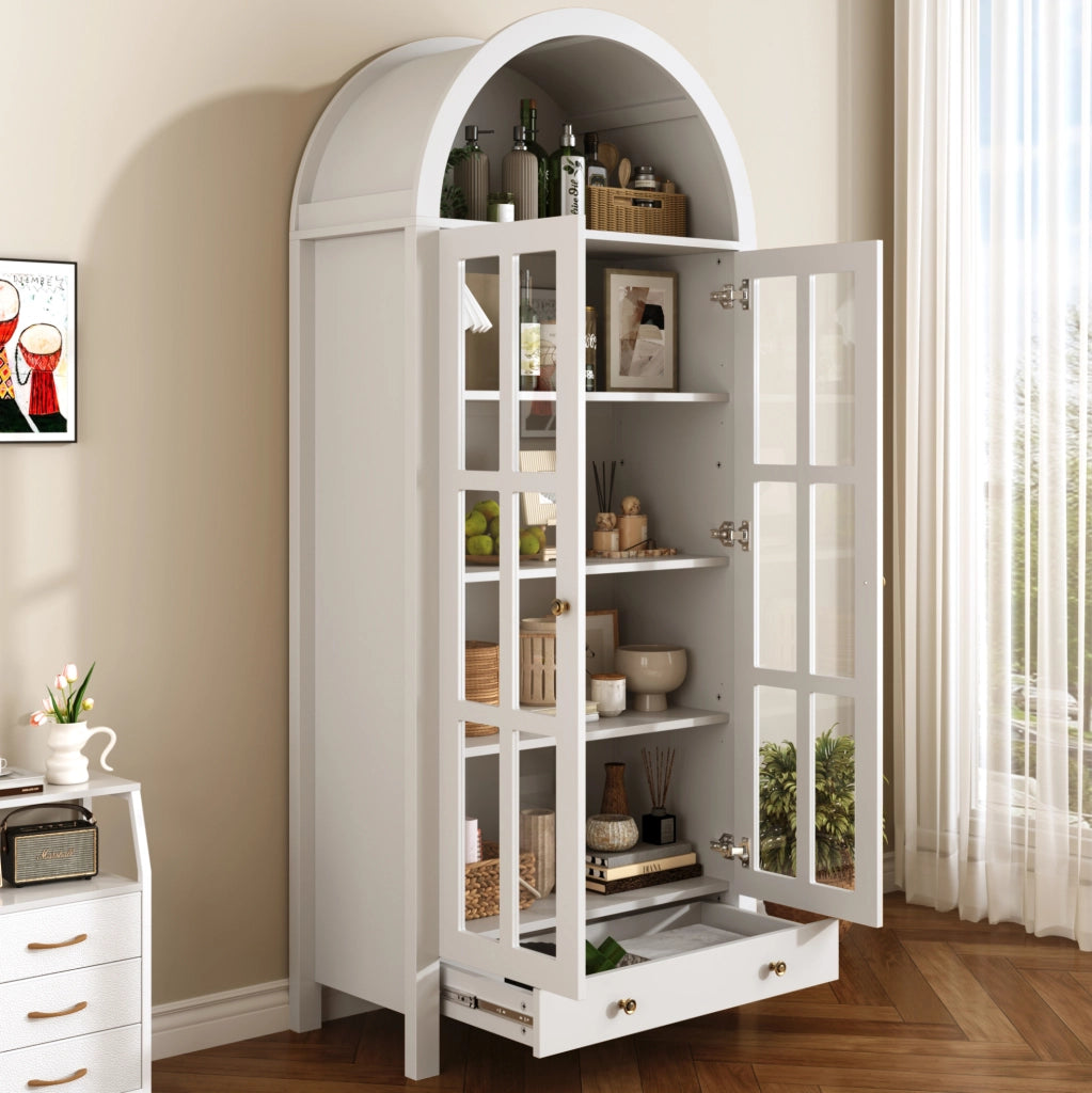 Vetrina alta ad arco 75x35x170;5 cm in MDF bianco con ante in acrilico trasparente e cassetto