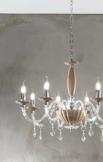LAMPADARIO CECILIA 12 LUCI VETRO E CRISTALLO TORTORA E TRASPARENTE ATTACCO E14