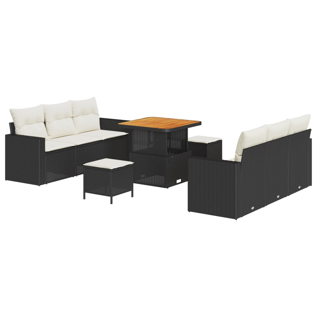 Set di divani da giardino 9 pezzi con cuscini Nero polyrattan acacia