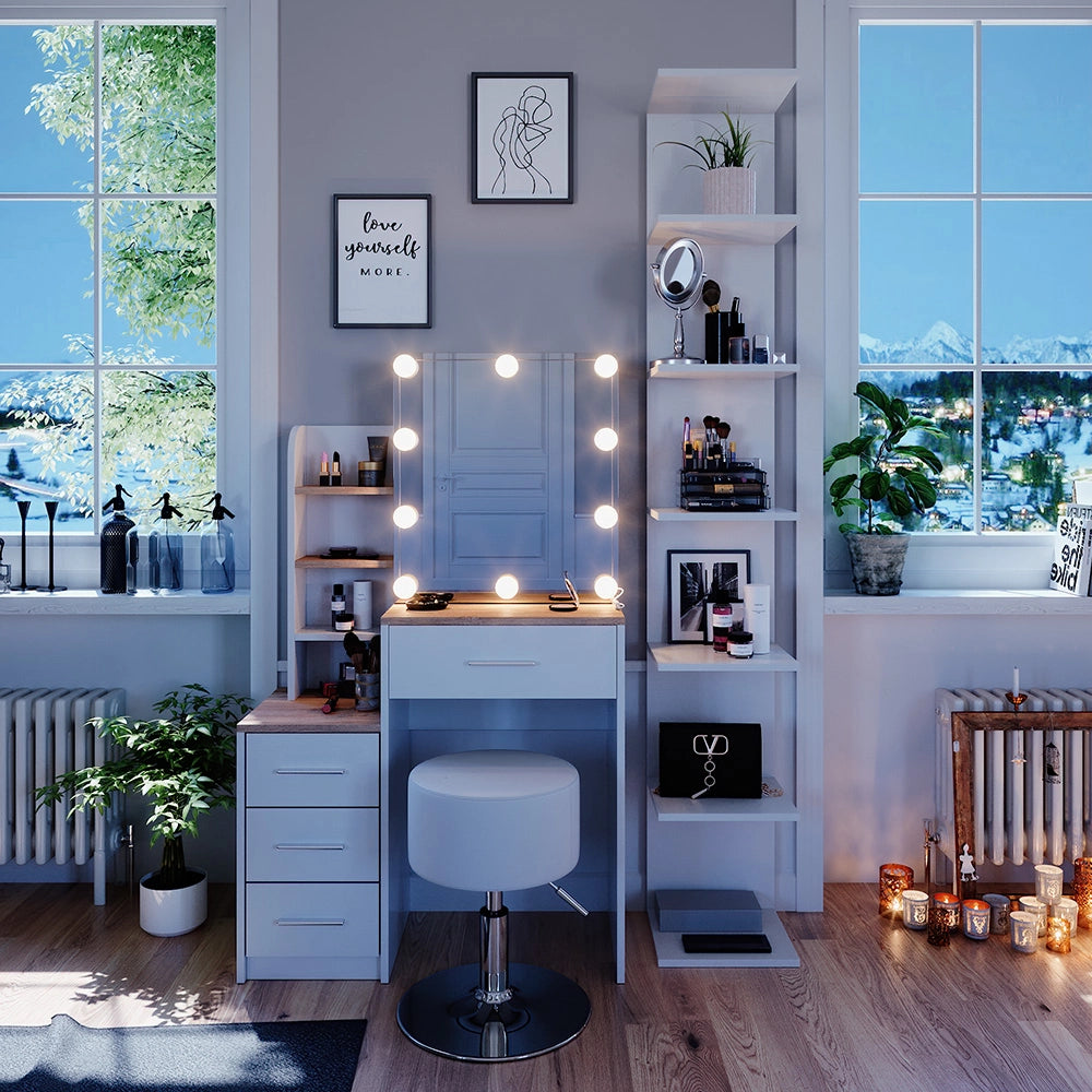 Tavolo da toeletta Conrada Bianco/Sonoma 80 cm con illuminazione LED e sgabello Vicco