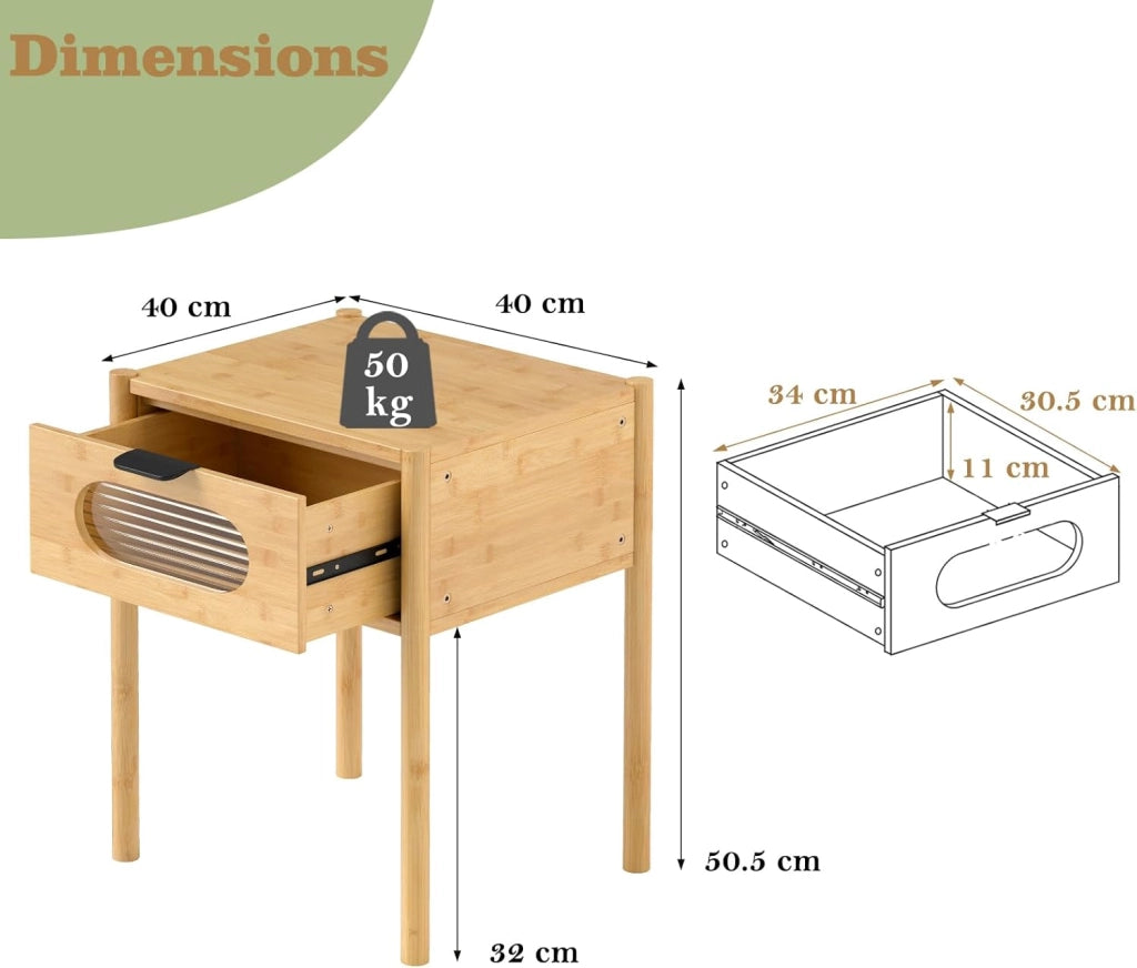 Comodino quadrato in bambù con cassetto portaoggetti in vetro temperato, gambe rialzate, tavolino per camera da letto, soggiorno, piccoli spazi, 40 x 40 x 50,5 cm