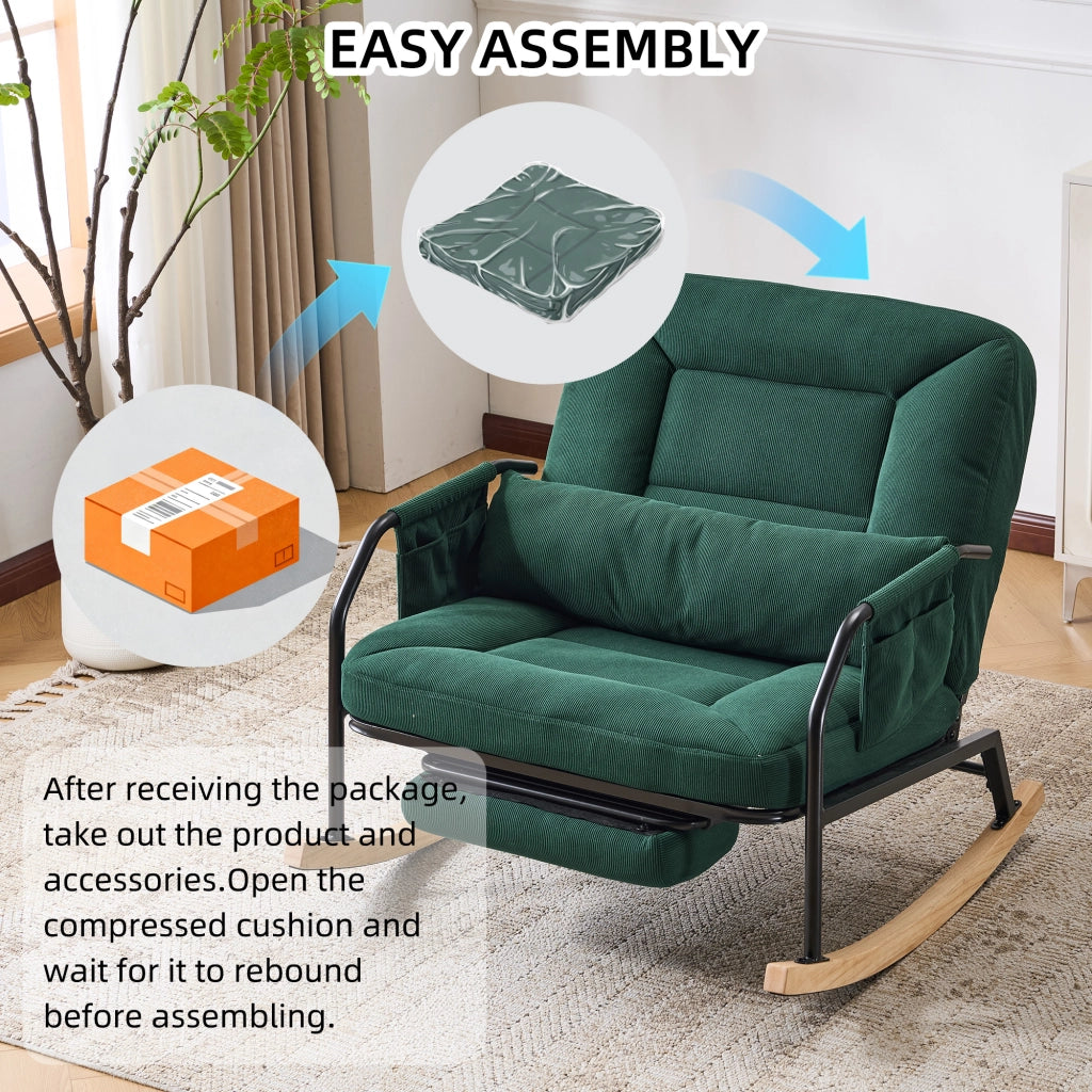 Poltrona a Dondolo con Poggiapiedi ¨C Minimal ¨C Verde, Tessuto, Legno